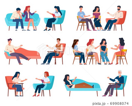 Group therapy. Men and women talking to psychotherapist or psychologist. Psychoanalysis and family psychotherapy, problems counseling and therapy with support group vector characters 69908074