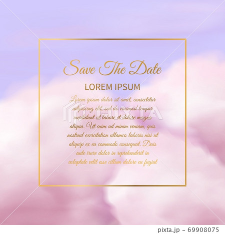 Pink clouds. Sugar cotton pink cloud delicate texture, glamour sky background with golden square frame and text copy space elegant wedding invitation template vector fantasy wallpaper design 69908075