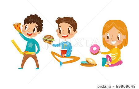 Smiling Girl and Boy Character Eating Pizza and Hamburger Vector Illustration Set 69909048