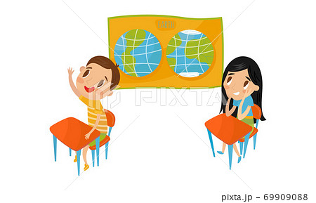 Kids at Geography Lesson Listening and Watching Map Vector Set Kids at Geography Lesson Listening and Watching Map Vector Set 69909088