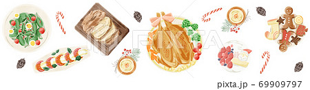 クリスマスパーティーの食卓風景水彩イラスト クリスマスパーティーの食卓風景水彩イラスト 69909797