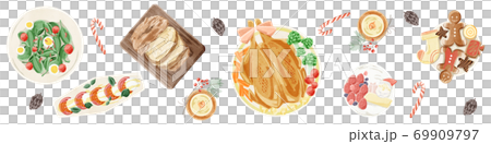 クリスマスパーティーの食卓風景水彩イラスト クリスマスパーティーの食卓風景水彩イラスト 69909797