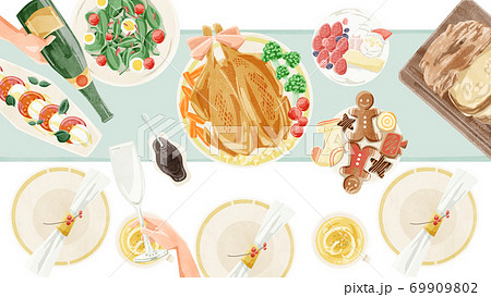 クリスマスパーティーの食卓風景水彩イラストのイラスト素材