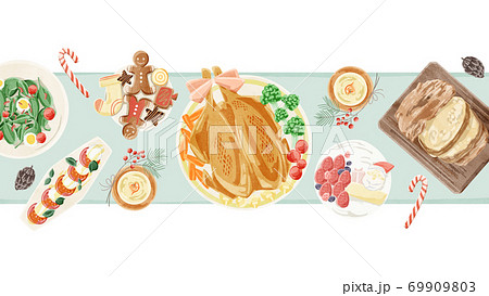 クリスマスパーティーの食卓風景水彩イラストのイラスト素材