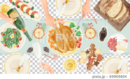 クリスマスパーティーの食卓風景水彩イラストのイラスト素材