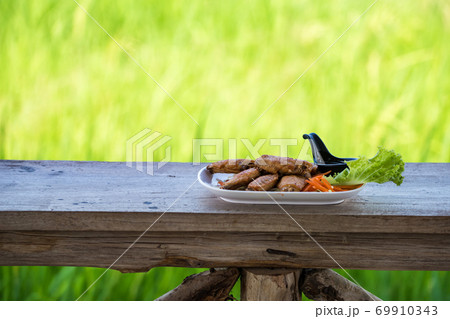 Fried chicken and sauce with natural background 69910343