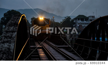 Antique train on river Kwai bridge, Kanchanaburi 69910344