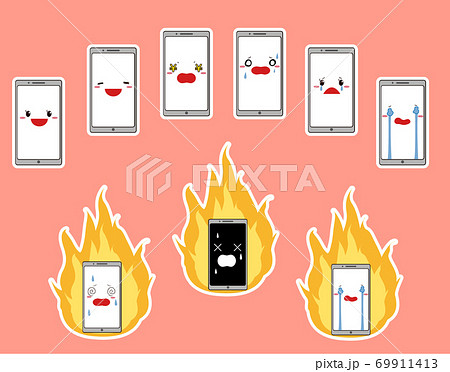 白フチの笑顔などの表情つきのスマホ素材と炎上イメージの素材セット 69911413