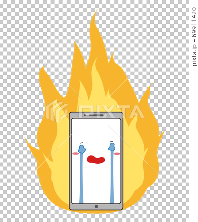 燃え上がる炎と号泣しているスマホの炎上イメージの素材 69911420