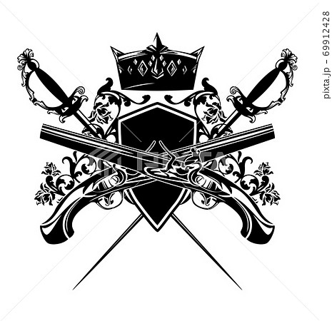 antique duel weapon and royal coat of arms vector design antique duel weapon and royal coat of arms vector design 69912428