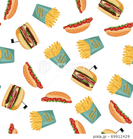 Hot dog, french fries and burger seamless pattern. Fastfood colorful vector background. 69912429