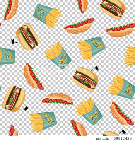 Hot dog, french fries and burger seamless pattern. Fastfood colorful vector background. 69912429