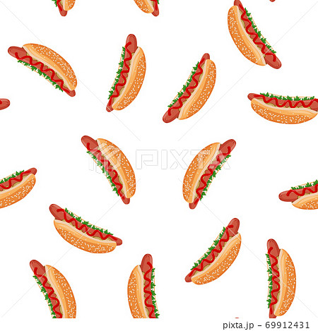 Hot dog seamless pattern. Fastfood colorful vector background. Hot dog seamless pattern. Fastfood colorful vector background. 69912431