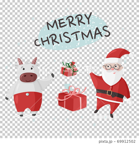 Merry Christmas colorful poster, greeting card. Vector illustration with Santa Claus and Ox cute character. Merry Christmas colorful poster, greeting card. Vector illustration with Santa Claus and Ox cute character. 69912502