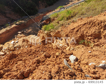 Erosion at ground and slopes is caused by rainfall. The soil structure is weak and there is a landslide. Safety measure has been taken in some area. Erosion at ground and slopes is caused by rainfall. The soil structure is weak and there is a landslide. Safety measure has been taken in some area. 69913145