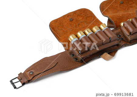 Leather hunting belt for cartridges isolated on white Leather hunting belt for cartridges isolated on white 69913681