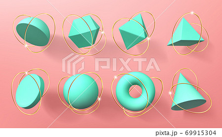 Turquoise 3d geometric shapes with golden rings 69915304