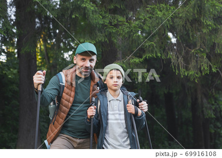 Portrait of Father and Son Hiking 69916108