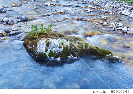 small world is located on a boulder sticking out in the middle of a mountain river 69916145