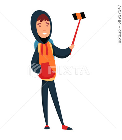 Tourist. Concept of an active lifestyle, tourism. A young man with smartphone and backpack. The guy is taking pictures from selfie stick. Vector illustration 69917147