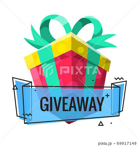 Giveaway winner present. Gift poster for social media post. Internet give away poster for bloggers prize announcement random quizes flyer leflet on white background 69917149