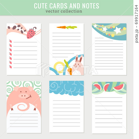 Cards notes. Kids notebook page vector template. Stickers, labels, tags paper sheet illustration. Set of planners and to do lists with simple animal illustrations Cards notes. Kids notebook page vector template. Stickers, labels, tags paper sheet illustration. Set of planners and to do lists with simple animal illustrations 69917164