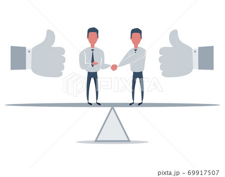 Business partners shaking hands as a symbol of unity. Businessman standing on seesaw. Business partners shaking hands as a symbol of unity. Businessman standing on seesaw. 69917507