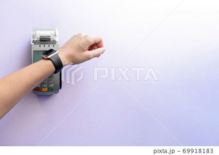 Top view of contactless payment with smart watch. Technology of paypass. 69918183
