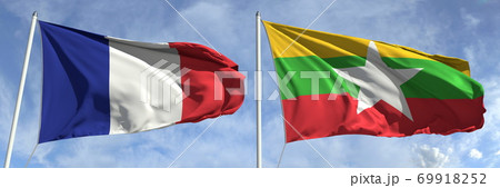 Waving flags of France and Myanmar on flagpoles, 3d rendering 69918252