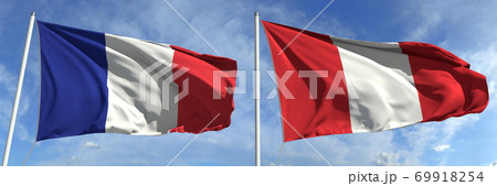 Flying flags of France and Peru on high flagpoles. 3d rendering 69918254