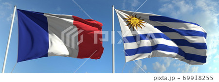 Flying flags of France and Uruguay on sky background, 3d rendering 69918255