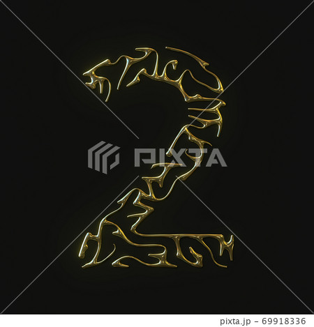 High resolution number two 2 symbol made of molded golden lines. 3d rendering 69918336