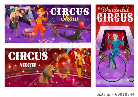 Circus banners strongman, lion and retro bicyclist Circus banners strongman, lion and retro bicyclist 69918544