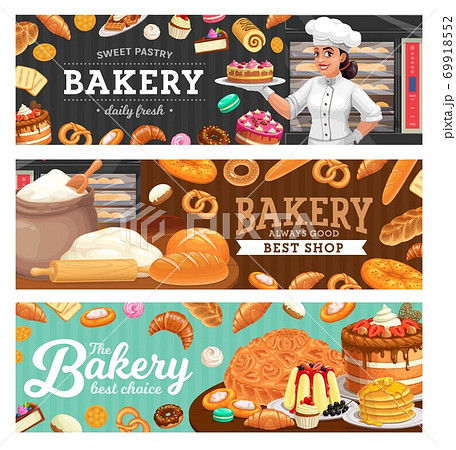 Bakery shop food and baker in toque carton vector 69918552