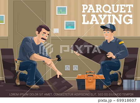 Parquet, laminate flooring installer vector banner Parquet, laminate flooring installer vector banner 69918607