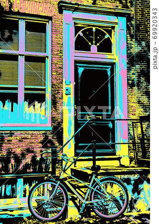 Illustration of bicycle in front of old building 69920343