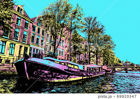 Illustration of boat moored at margin of a canal Illustration of boat moored at margin of a canal 69920347