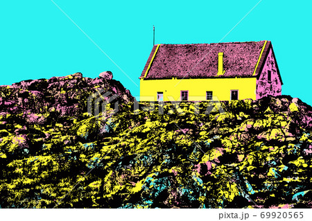 Illustration of house on top of rocky landscape 69920565