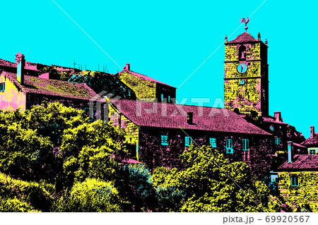 Illustration of Monsanto village on top of hill 69920567
