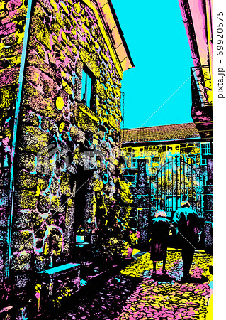Illustration of elderly couple walking in an alley 69920575