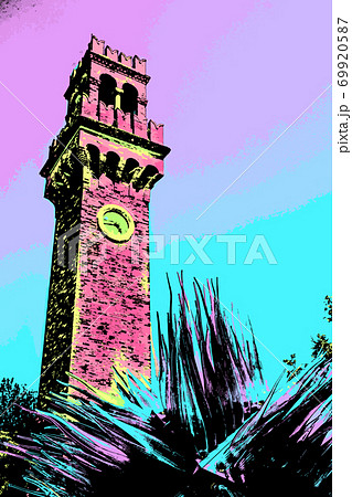 Illustration of a brick tower and glass sculpture 69920587