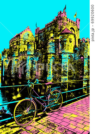 Illustration of bike on bridge and castle in Ghent 69920600
