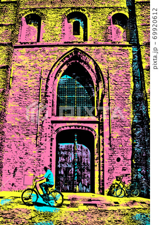 Illustration of Gothic church door and cyclist 69920612