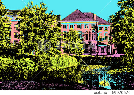Illustration of lush garden with pond and mansion Illustration of lush garden with pond and mansion 69920620