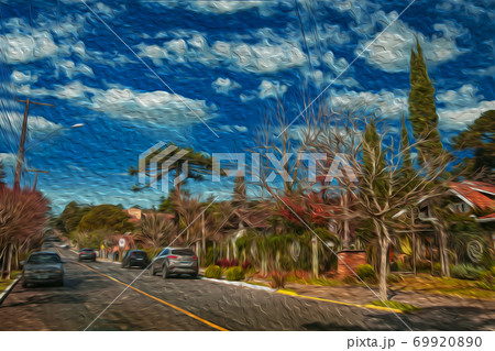 Street with parked cars and trees in Gramado 69920890