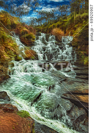 Waterfall falling over rocks in a lush forest Waterfall falling over rocks in a lush forest 69920907