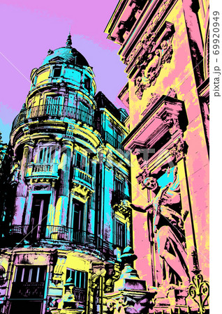 Illustration of buildings with statues and friezes 69920949
