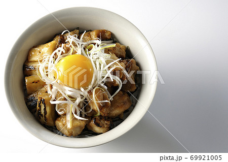 炭火で焼いた焼き鳥の上に白髪葱と卵黄を乗せた丼ぶり（白背景、俯瞰） 69921005