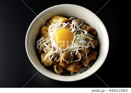 炭火で焼いた焼き鳥の上に白髪葱と卵黄を乗せた丼ぶり（黒背景、俯瞰） 69921064