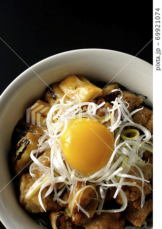 炭火で焼いた焼き鳥の上に白髪葱と卵黄を乗せた丼ぶり 黒背景 俯瞰 の写真素材